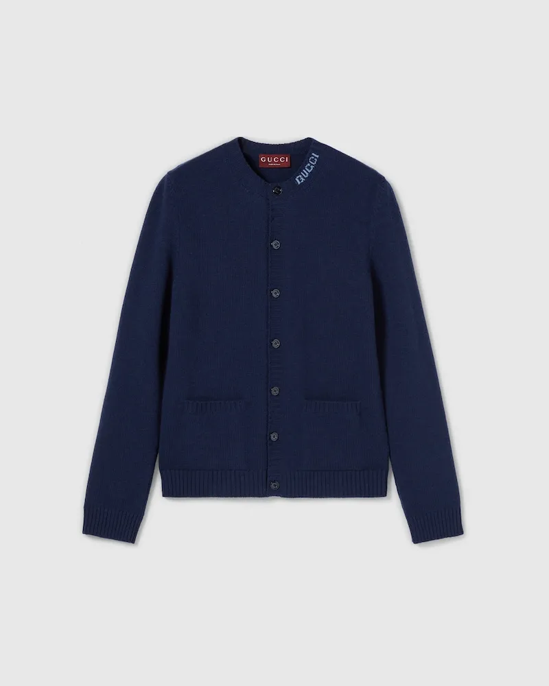 Gucci Cardigan aus Gefilztem Wollstrick Mit Intarsie, Größe Blau
