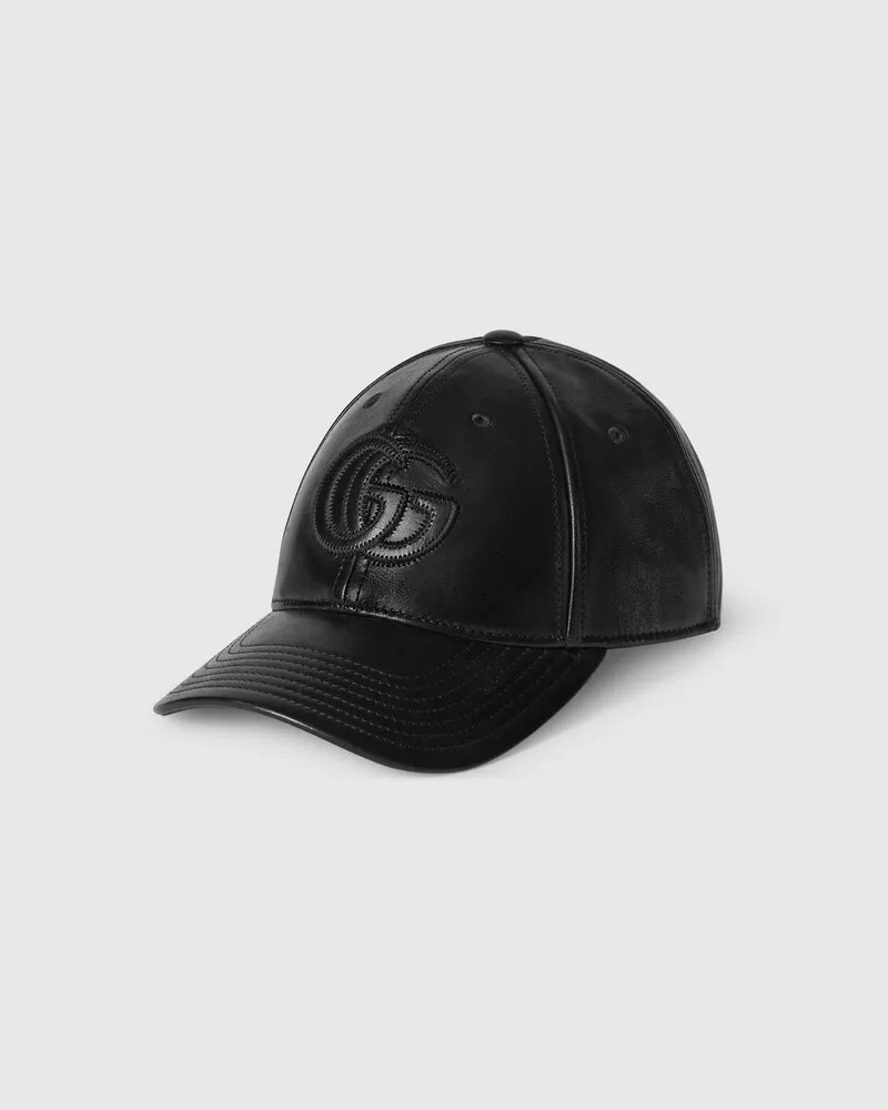 Gucci Baseballkappe aus Leder Mit Doppel G, Größe Schwarz