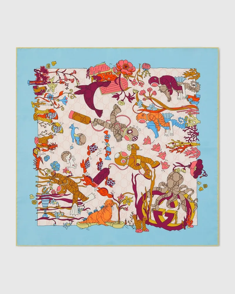Gucci Vierecktuch aus Seide mit Print Blau