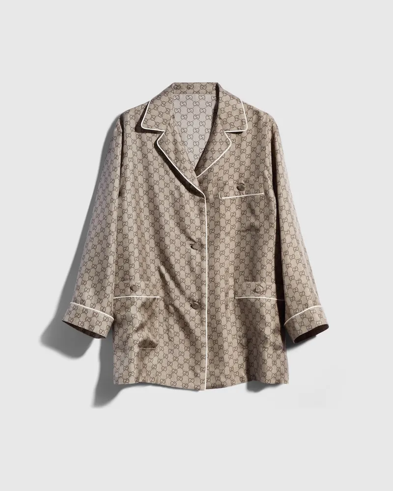 Gucci Hemd aus Bedrucktem Seidentwill, Größe Beige