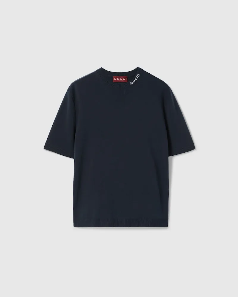 Gucci T-Shirt aus Seide Und Baumwolle Mit Intarsie, Größe Blau
