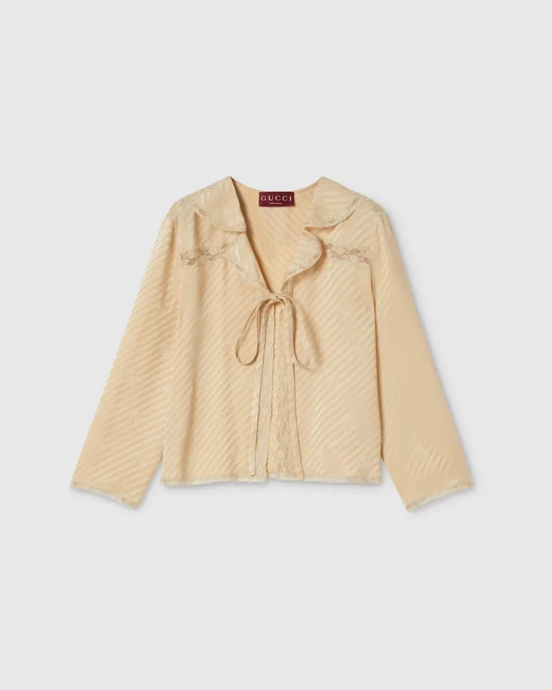 Gucci Bluse aus Seidenjacquard Mit Diagonalem GG Motiv, Größe Beige
