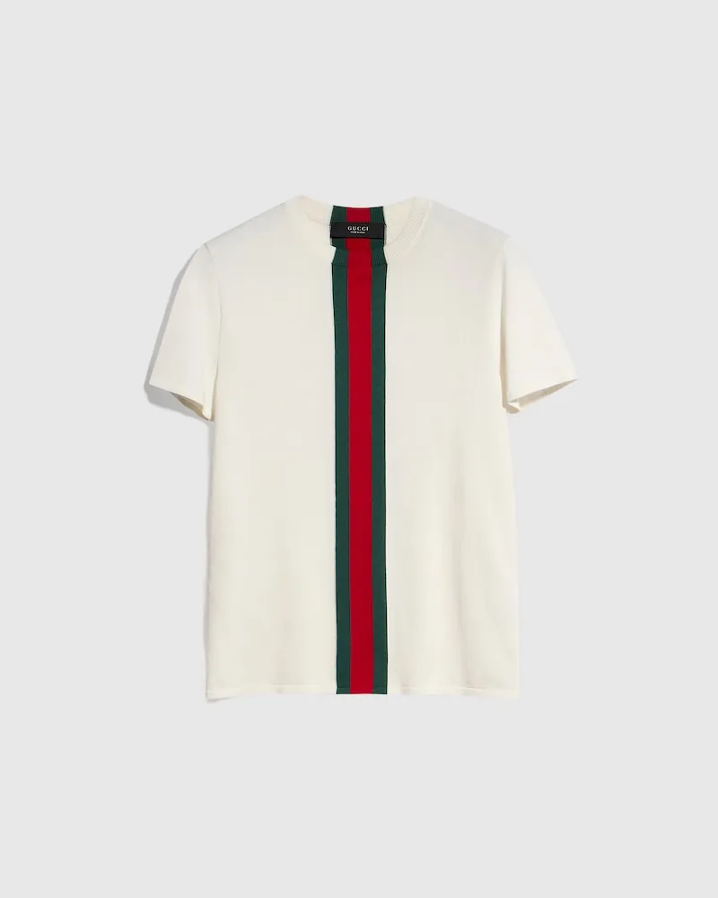 Gucci T-Shirt aus Baumwollstrick mit Web Intarsie, Größe Weiß
