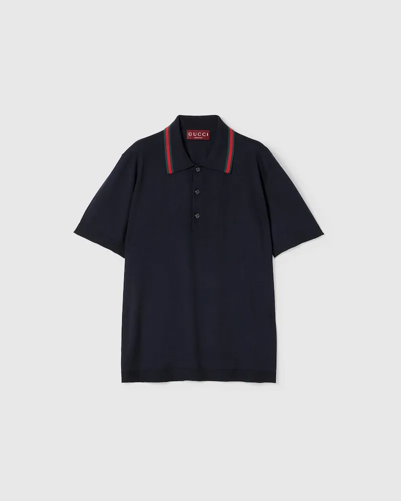 Gucci Poloshirt aus Wollstrick Mit Web, Größe Blau