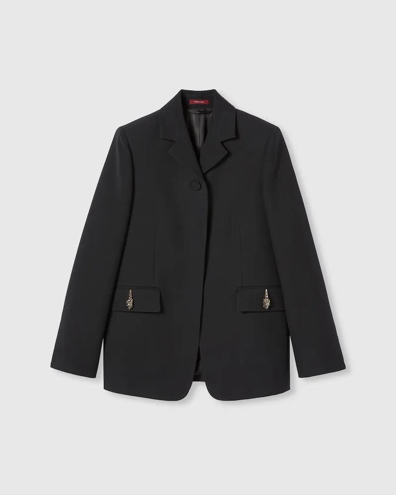 Gucci Blazer aus Seiden-Woll-Crêpe Mit Tiger-Detail, Größe Schwarz
