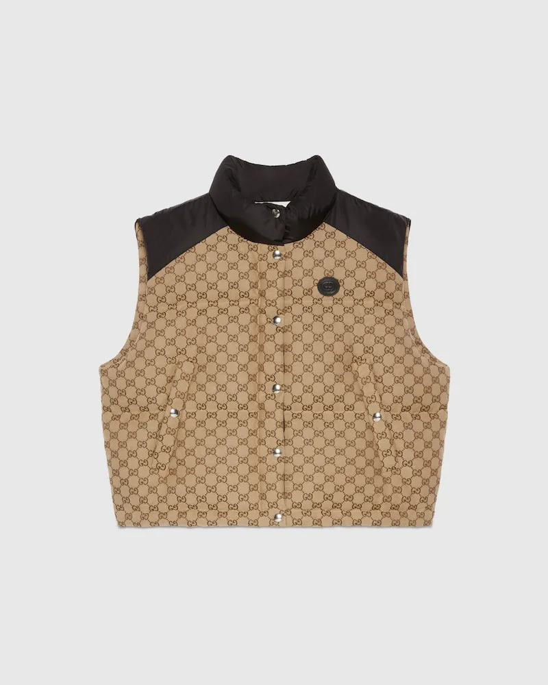 Gucci Puffer-Weste aus GG Baumwollcanvas, Größe Beige