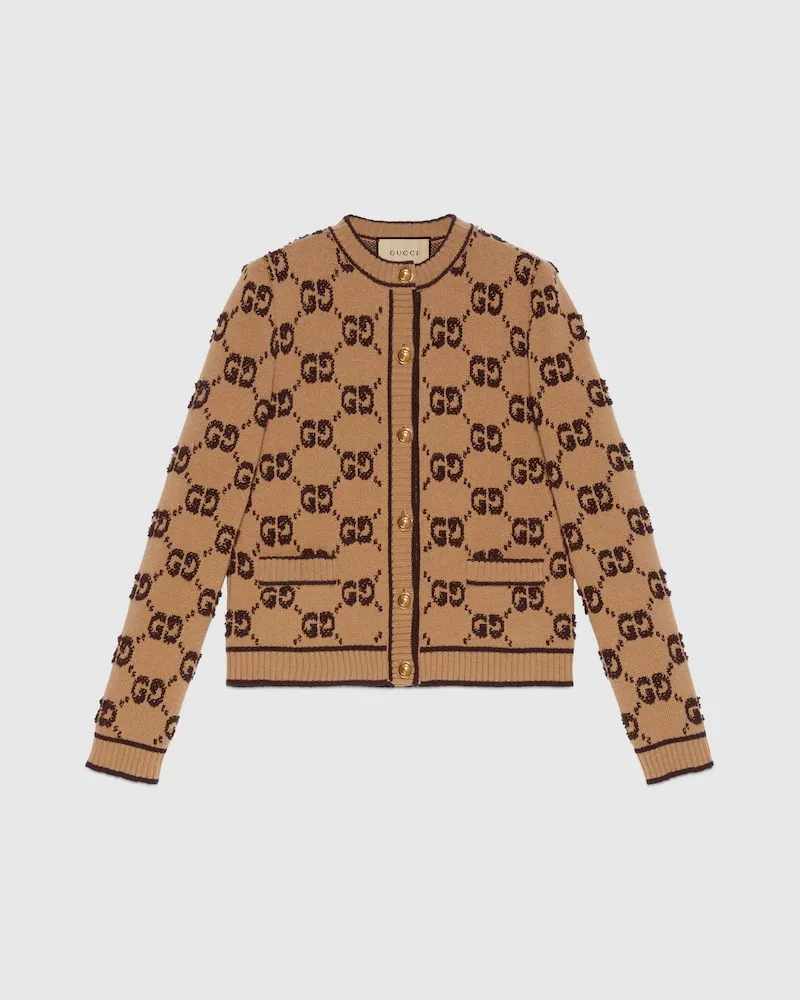 Gucci Cardigan aus Wollbouclé Mit GG Jacquard, Größe Beige