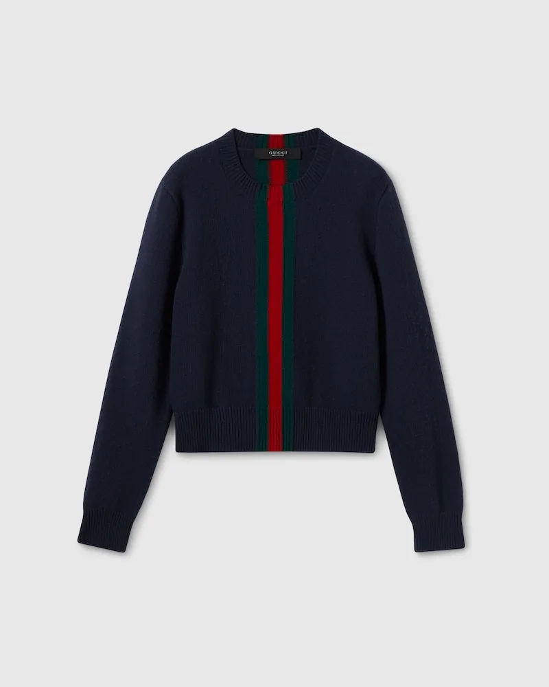 Gucci Pullover aus Feinem Wollstrick Mit Web, Größe Blau