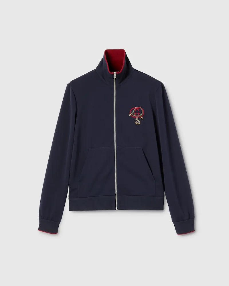 Gucci Jacke aus Technischem Jersey Mit Stickerei Und RV, Größe Blau