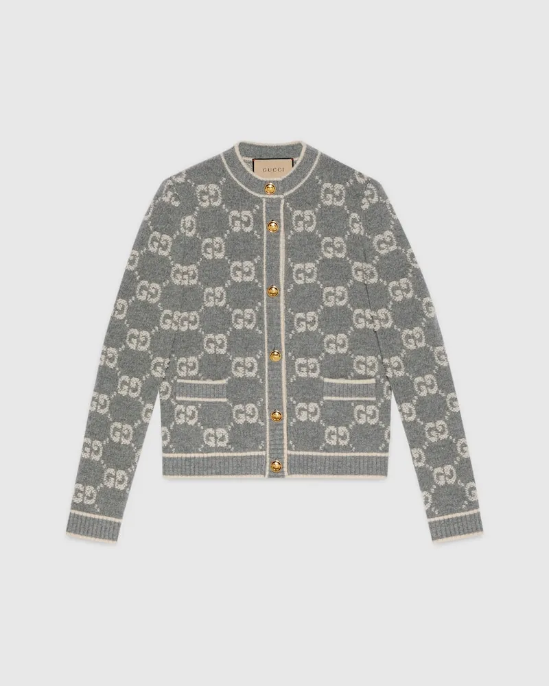 Gucci Cardigan aus Wollbouclé Mit GG Jacquard, Größe Grau