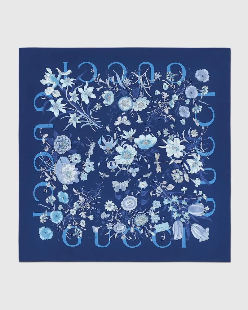 Gucci Vierecktuch aus Seidentwill Mit Flora-Print Blau