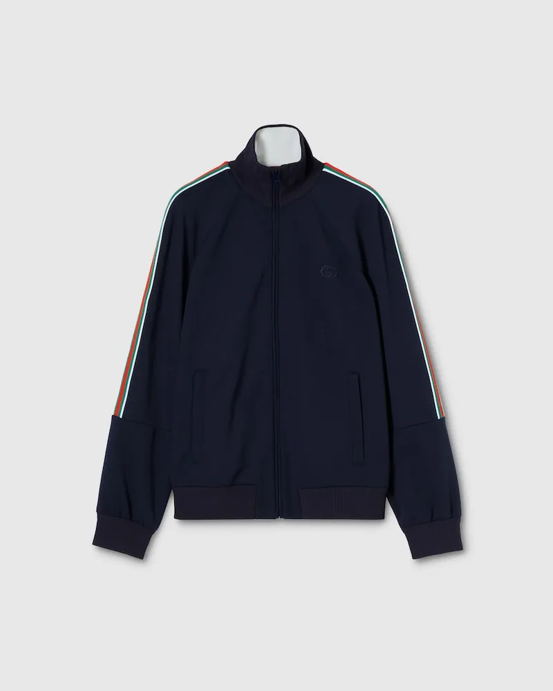 Gucci Jacke aus Technischem Jersey Mit Reißverschluss Und Web, Größe Blau