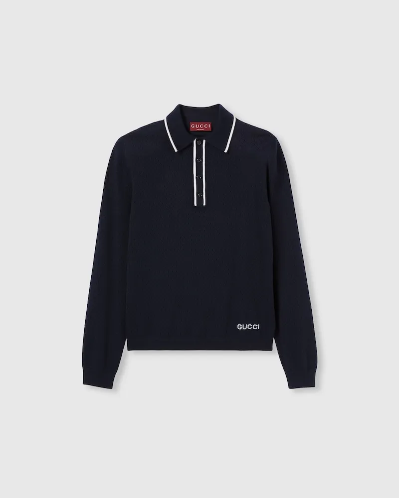 Gucci Poloshirt aus Feinem Wollstrick Mit Intarsie, Größe Blau