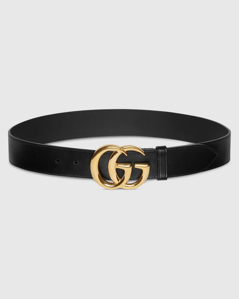 Gucci Breiter GG Marmont Gürtel Mit Glänzender Schnalle, Größe 95 Schwarz