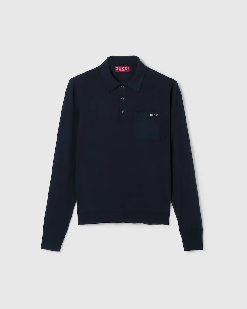 Gucci Poloshirt aus Feinem Wollstrick Mit Intarsie, Größe Blau