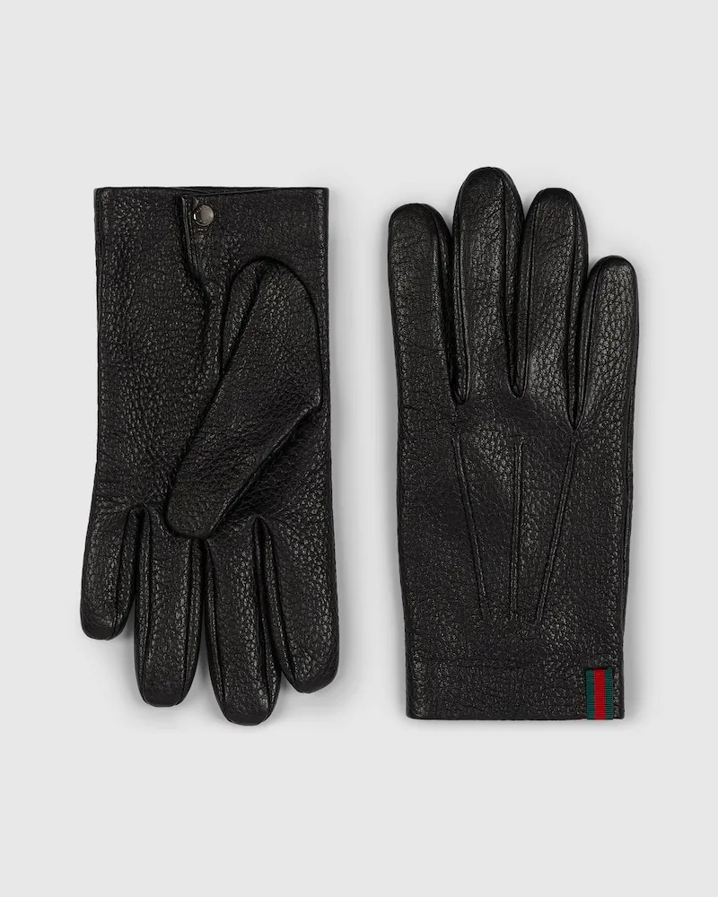 Gucci Handschuhe aus Genarbtem Leder Mit Web, Größe Schwarz