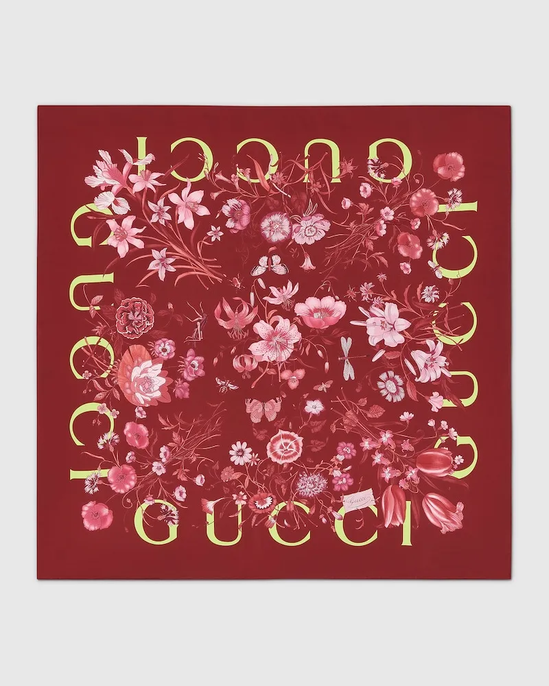 Gucci Vierecktuch aus Seidentwill Mit Flora-Print Bordeauxrot