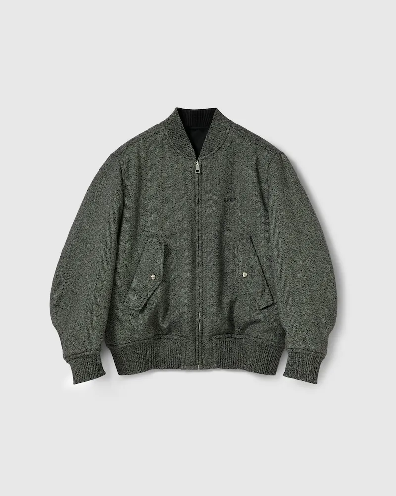 Gucci Bomberjacke aus Woll-Mouliné Mit Fischgratmuster, Größe Grau