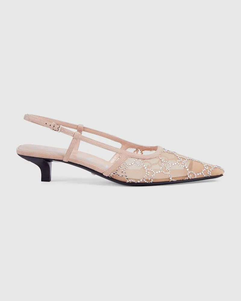 Gucci Damenpumps Mit Fersenriemchen Und GG Kristallen, Größe Nude