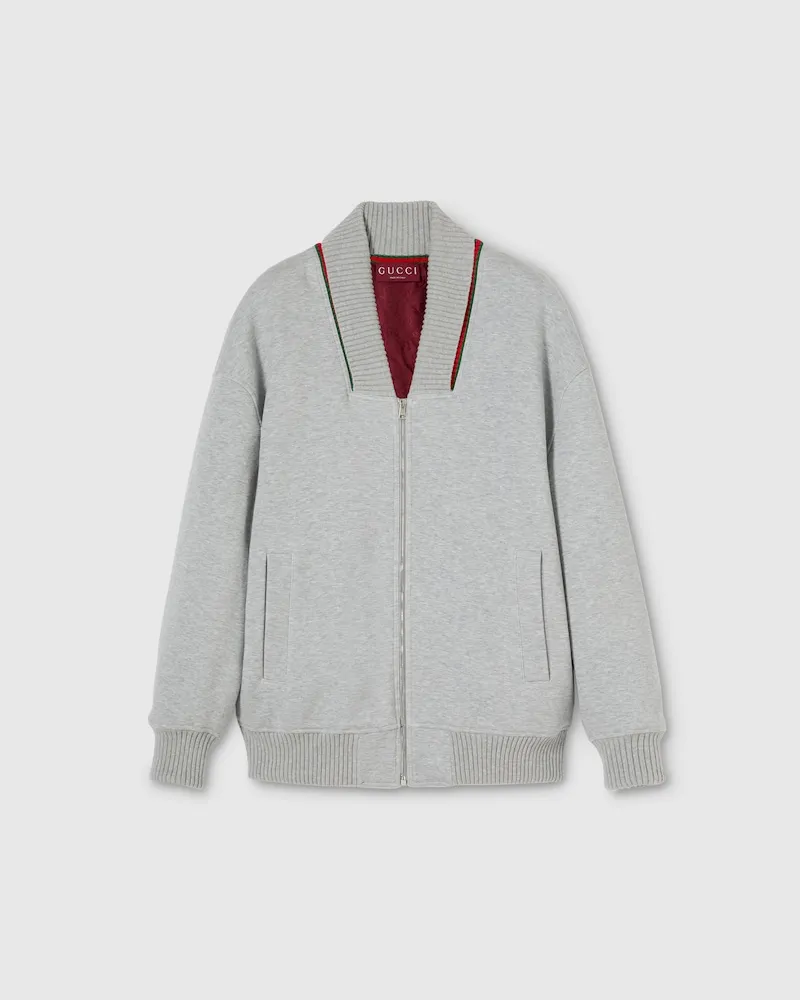 Gucci Jacke aus Baumwolljersey Mit Reißverschluss Und Web, Größe Grau