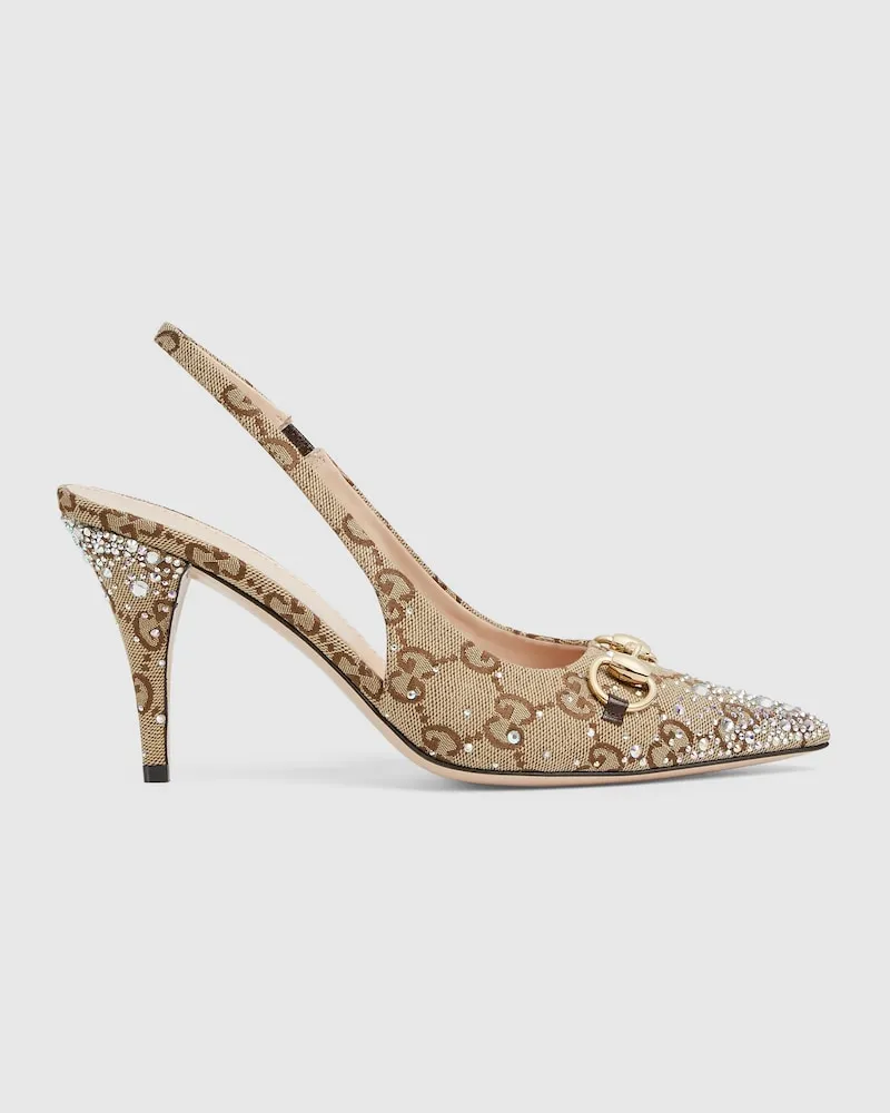 Gucci Damenpumps Mit Fersenriemchen Und Kristall-Horsebit, Größe Beige