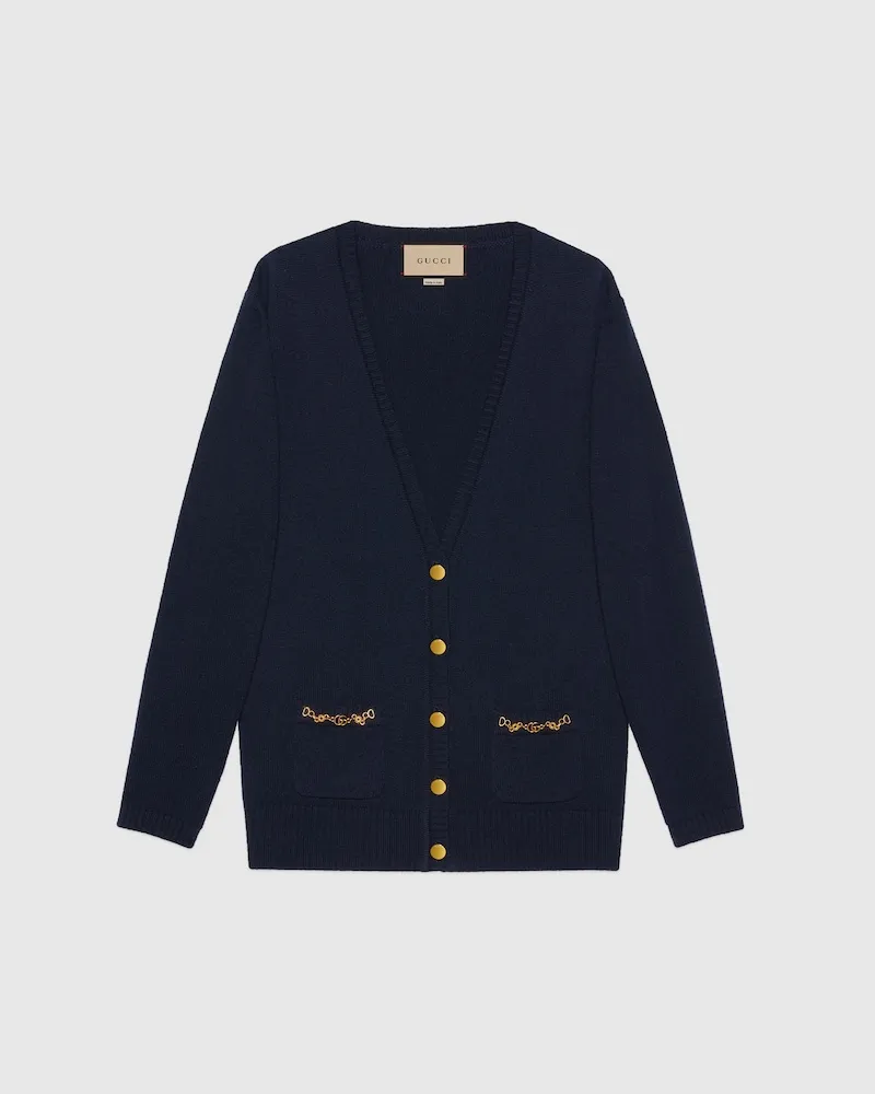 Gucci Cardigan aus Kaschmir Mit Kettendetail, Größe Blau