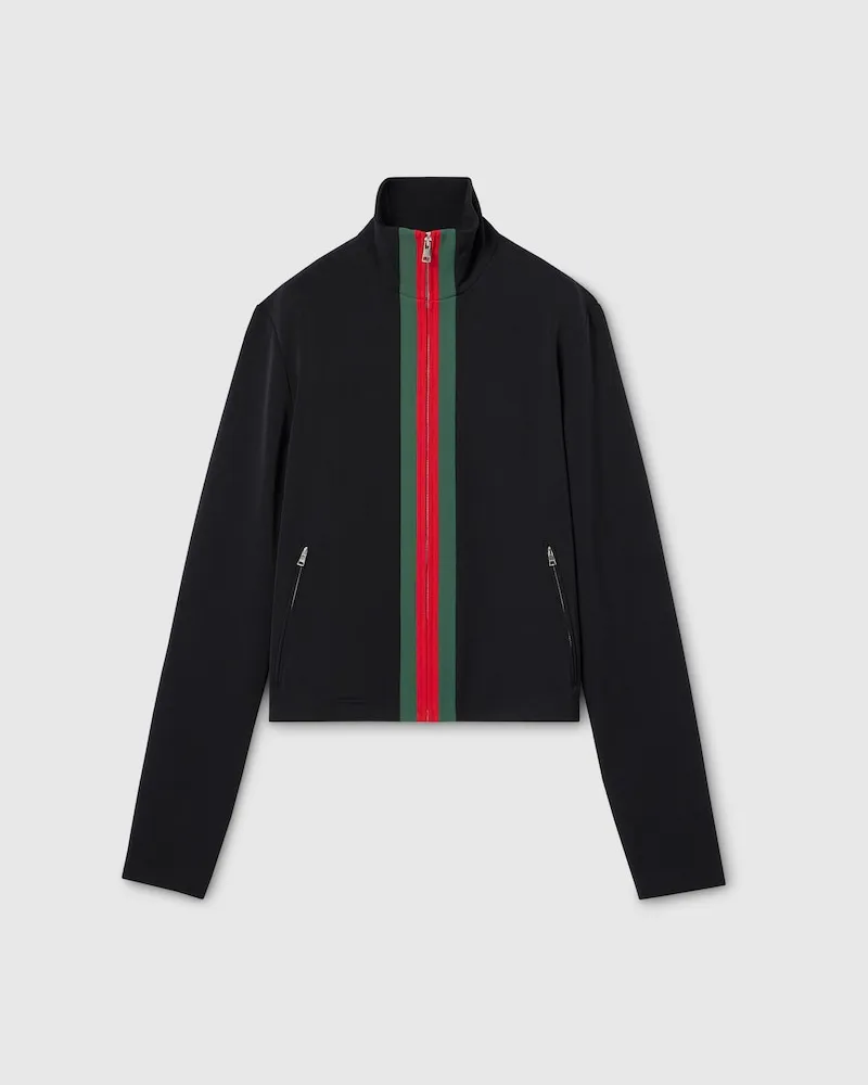 Gucci Jacke aus Stretch-Nylon Mit Reißverschluss Und Web, Größe Schwarz