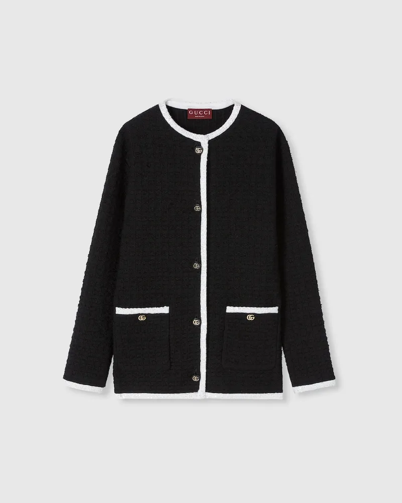 Gucci Cardigan aus Wolltweed Mit Stickerei, Größe Schwarz