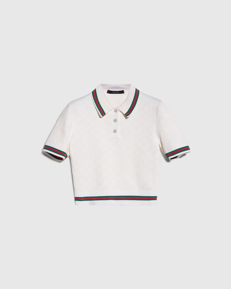 Gucci Poloshirt aus Extra Feiner Baumwolle mit GG Jacquard, Größe Weiß