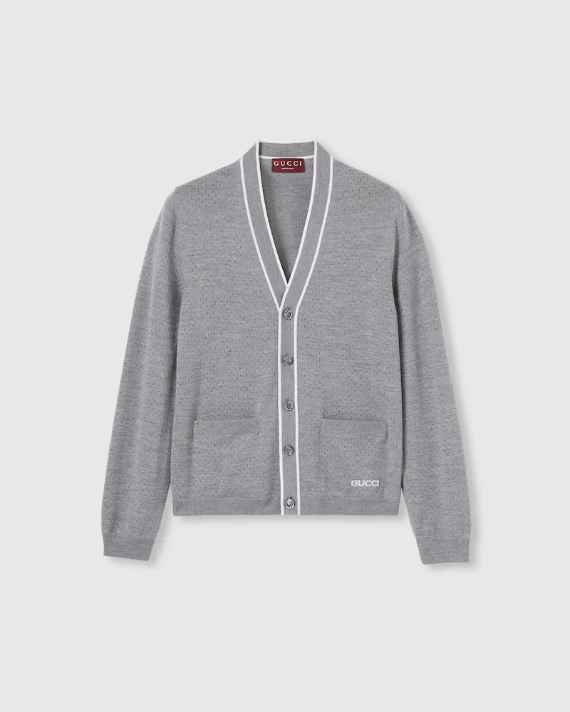 Gucci Cardigan aus Feinem Wollstrick Mit Intarsie, Größe Grau