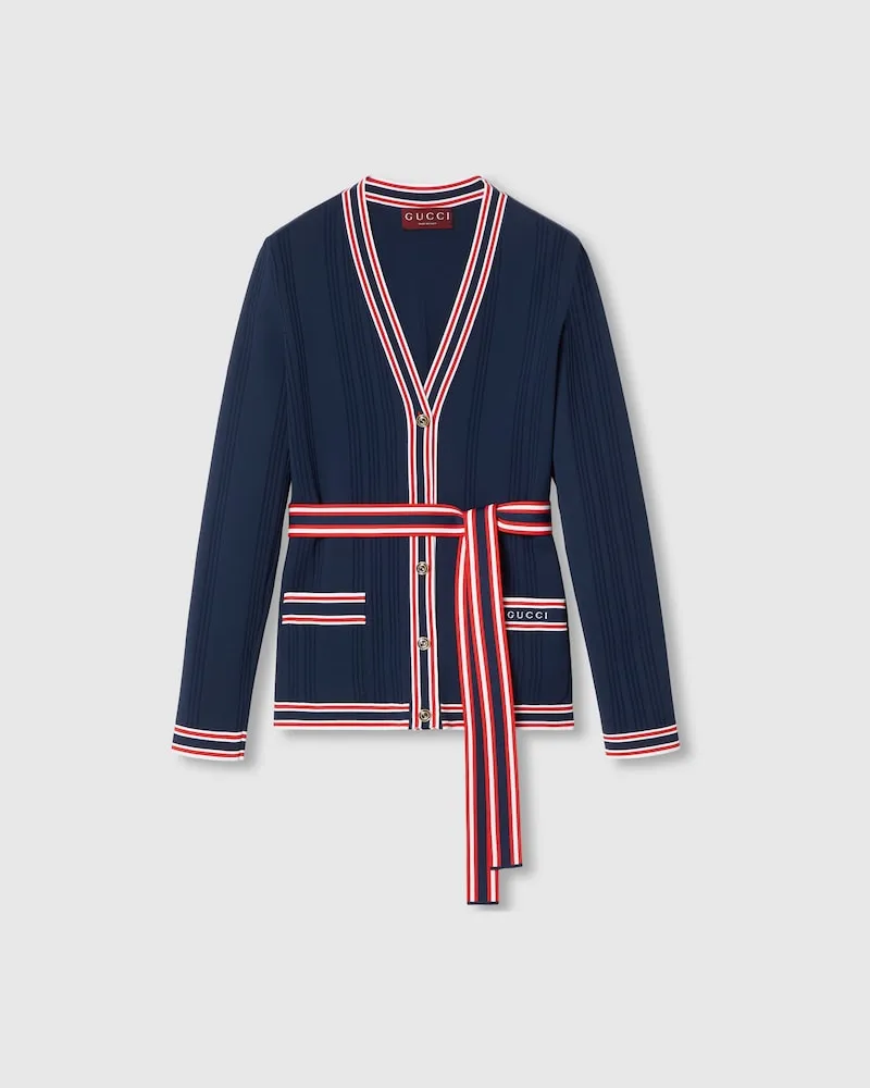 Gucci Cardigan Zum Zubinden Mit Gestreiftem Besatz, Größe Blau