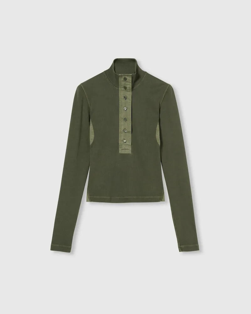 Gucci Langärmliges T-Shirt aus Gerippter Baumwolle, Größe Grün