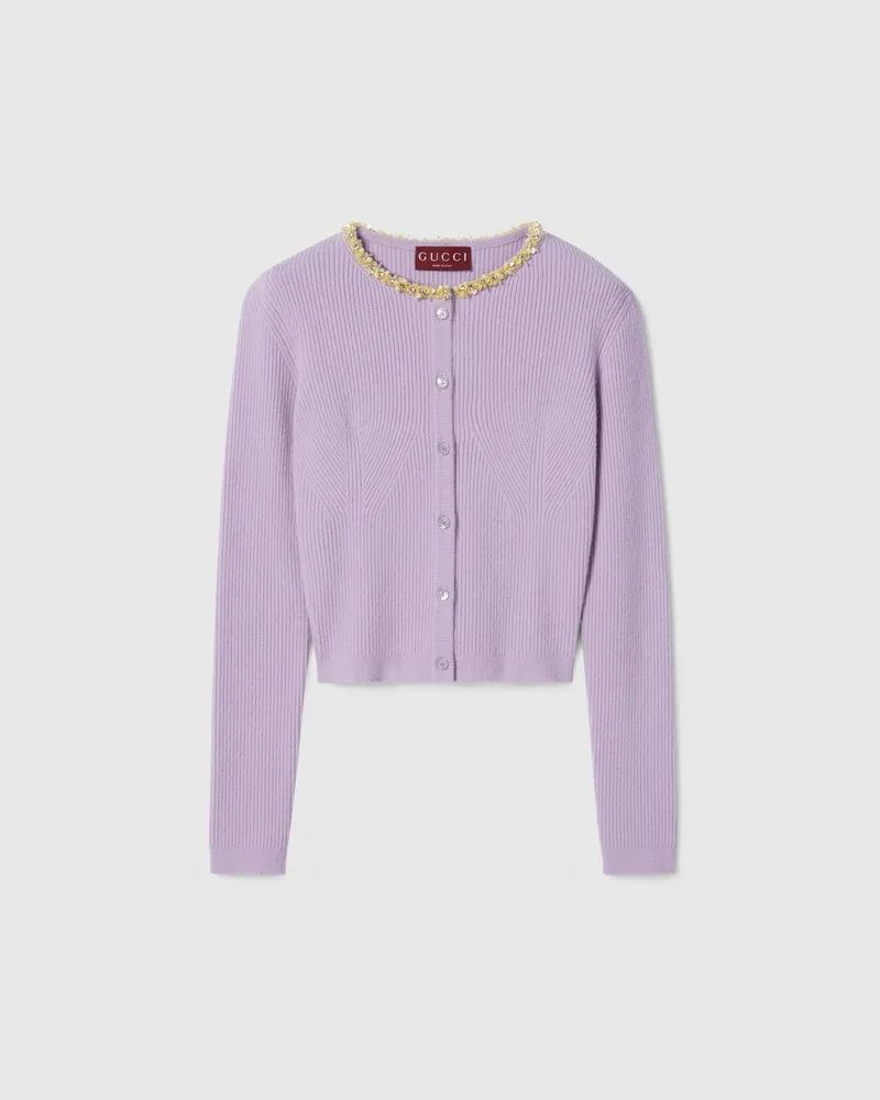Gucci Cardigan aus Gefilzter Wolle Mit Stickerei, Größe Violett