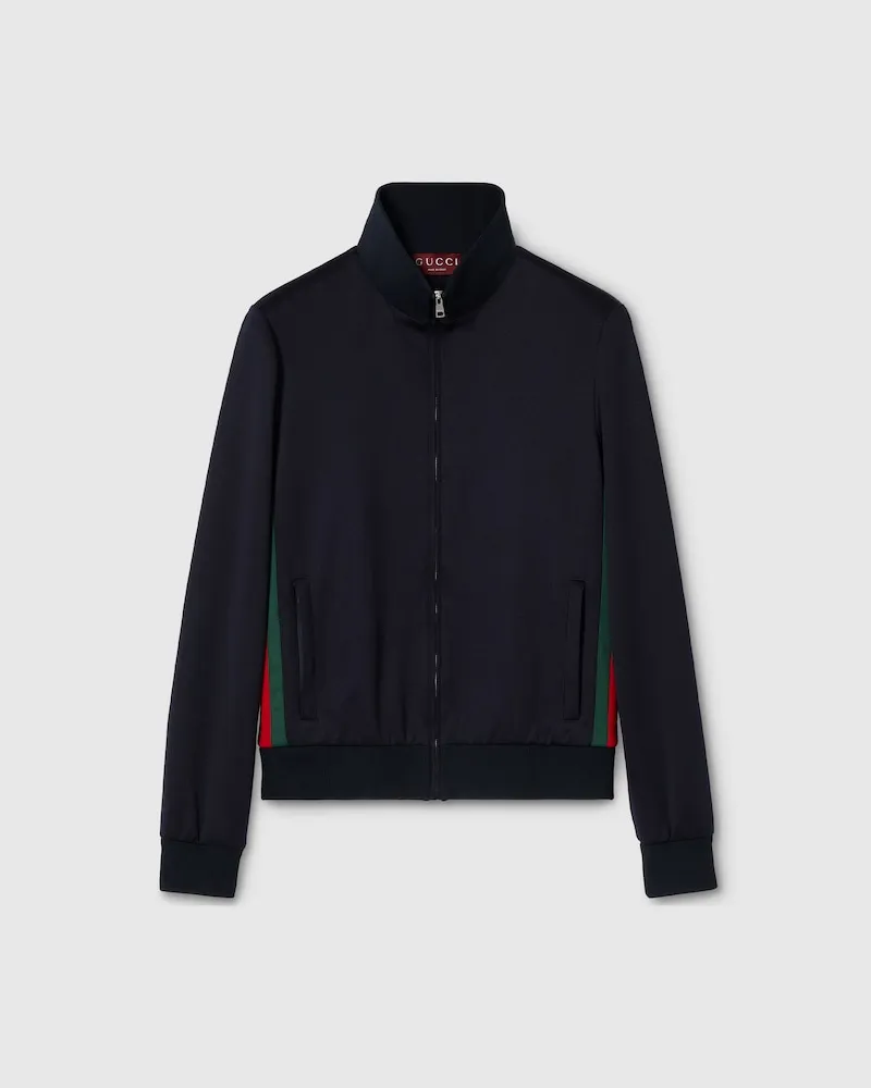 Gucci Jacke aus Technischem Jersey Mit Reißverschluss Und Web, Größe Blau