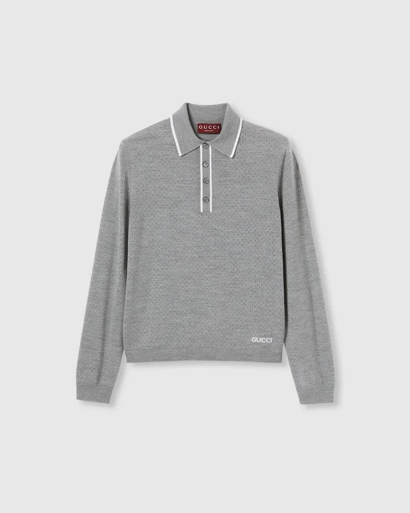 Gucci Poloshirt aus Feinem Wollstrick Mit Intarsie, Größe Grau