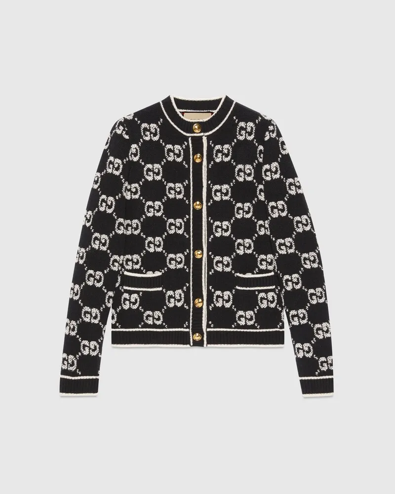 Gucci Cardigan aus Wollbouclé Mit GG Jacquard, Größe Schwarz