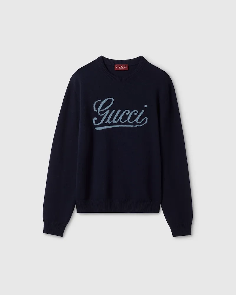 Gucci Pullover aus Wollstrick Mit Intarsie, Größe Blau
