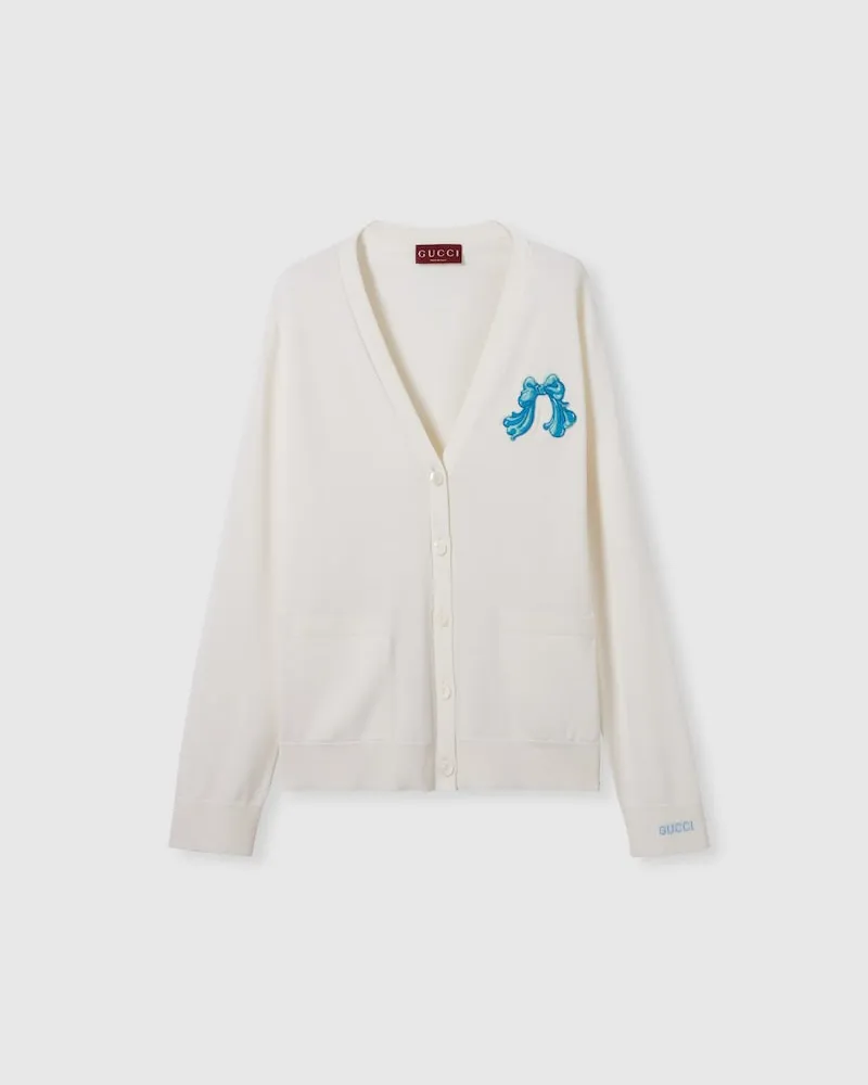 Gucci Cardigan aus Extrafeiner Wolle Mit Patch, Größe Weiß