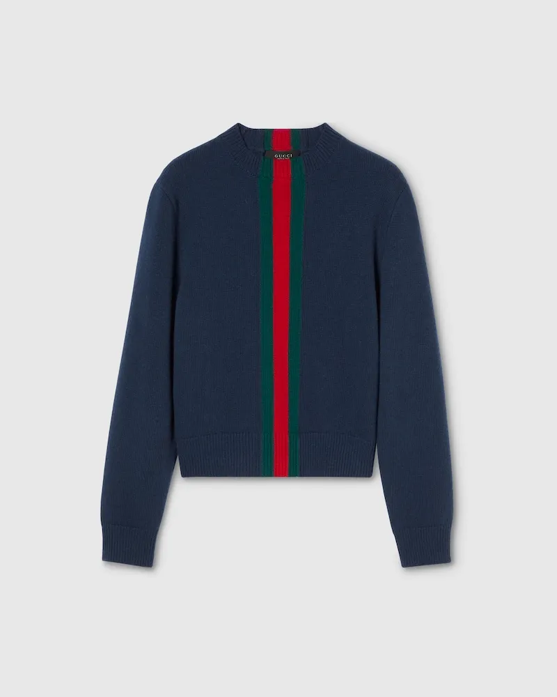Gucci Pullover aus Feinem Wollstrick Mit Web, Größe Blau