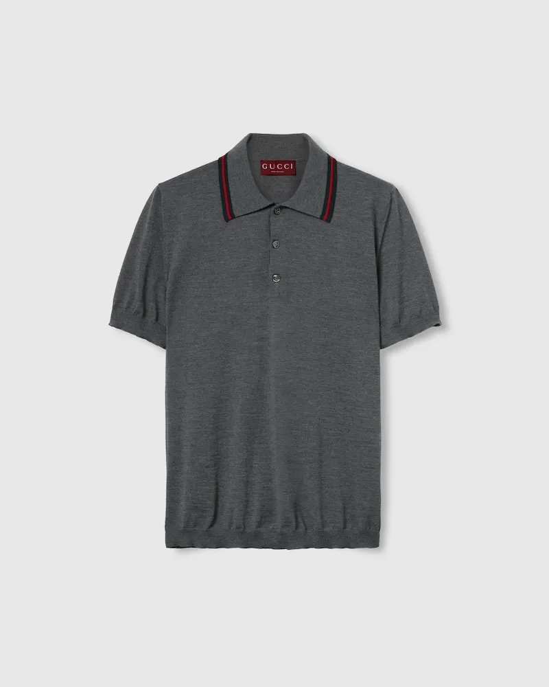 Gucci Poloshirt aus Wollstrick Mit Web, Größe Grau