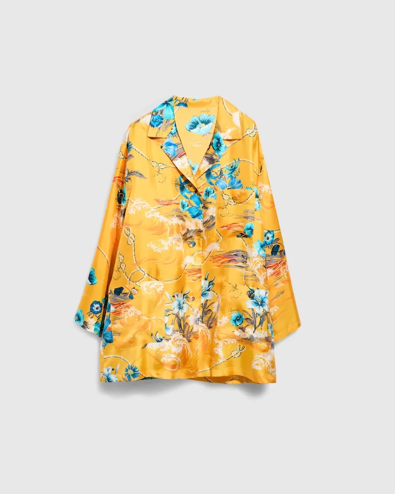 Gucci Hemd aus Bedrucktem Seidentwill, Größe Gelb