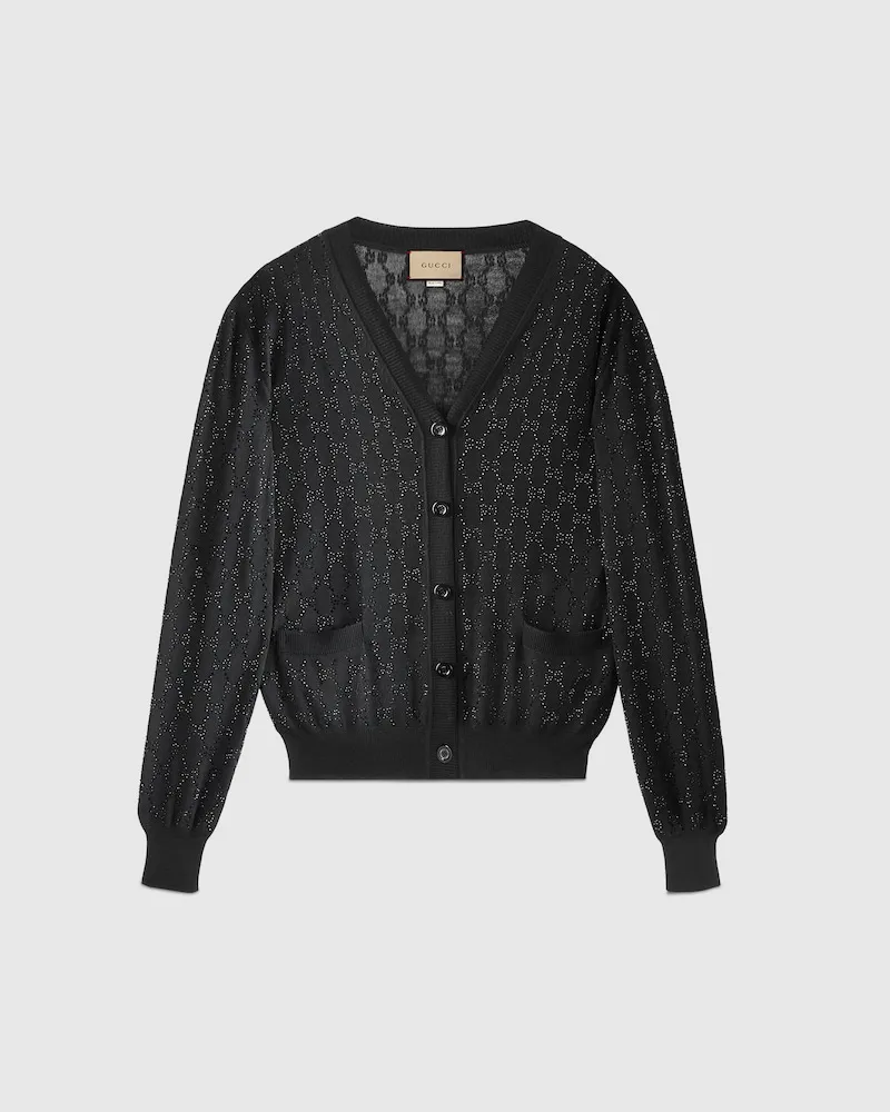 Gucci Cardigan En Laine Fine À Motif GG Et Cristaux, Taille Noir