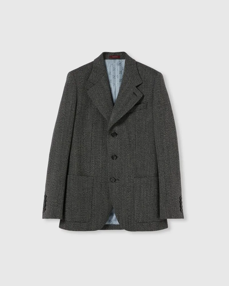 Gucci Jacke aus Woll-Mouliné Mit Fischgratmuster, Größe Grau