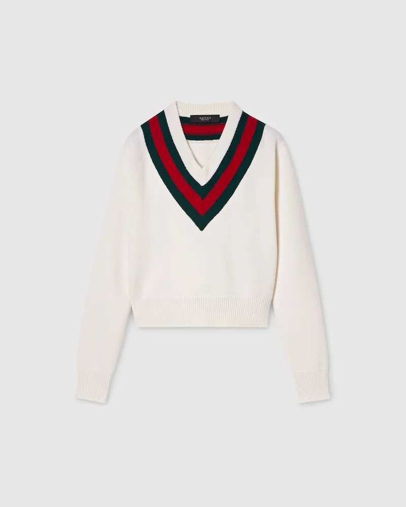 Gucci Pullover aus Feinem Wollstrick Mit Web, Größe Weiß