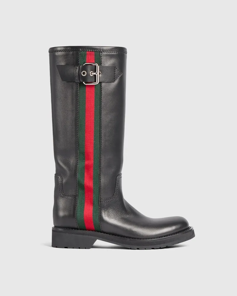 Gucci Damenstiefel Im Biker-Stil mit Web Schwarz