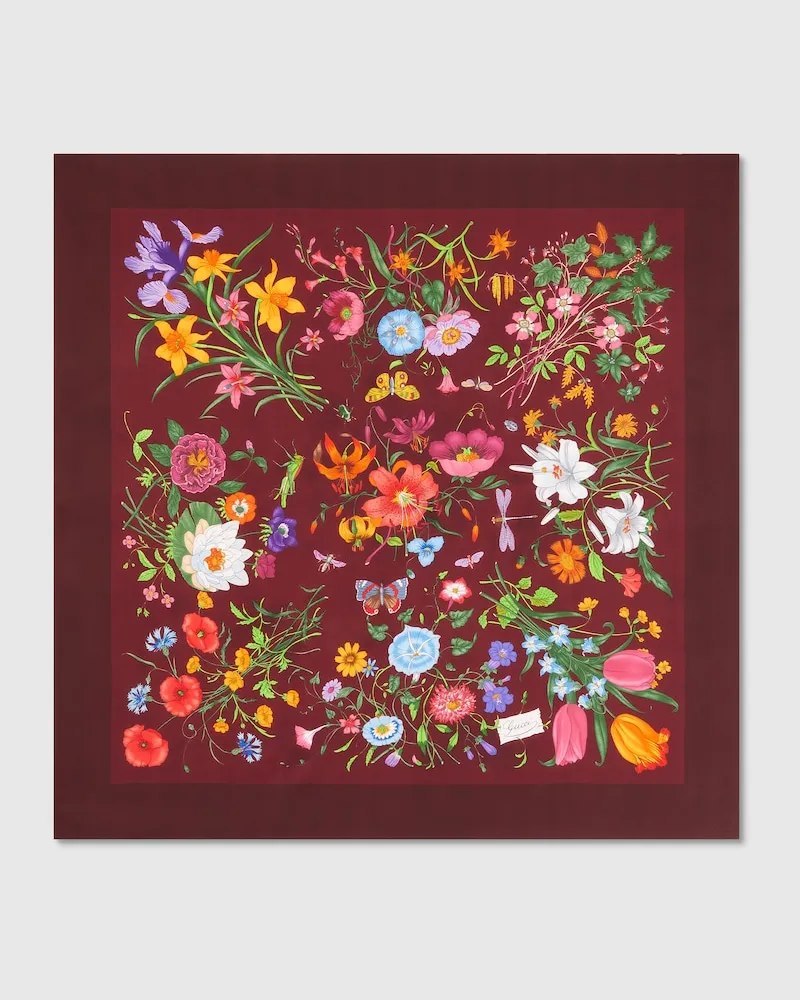 Gucci Vierecktuch aus Seidentwill mit Flora-Print Bordeauxrot