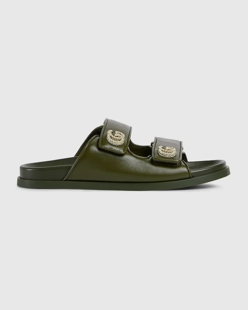 Gucci Damensandale Mit Kristallbesetztem Doppel G, Größe Grün