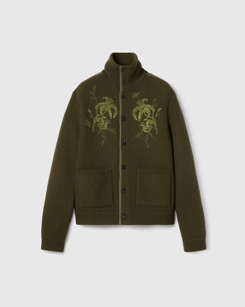 Gucci Cardigan aus Wollstrick Mit Stickerei, Größe Grün