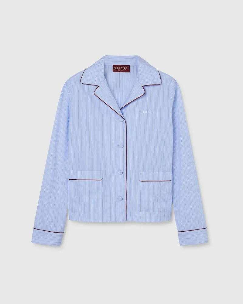 Gucci Bluse aus Gestreifter Baumwolle Mit Stickerei, Größe Blau