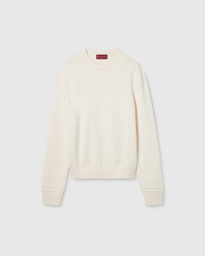 Gucci Pullover aus Baumwoll- Und Wollstrick Mit Intarsie, Größe Weiß